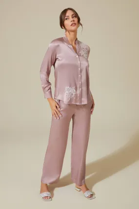 Ayana Trimmed Rayon and Buttoned Long Sleeve Pyjama Set - Powder