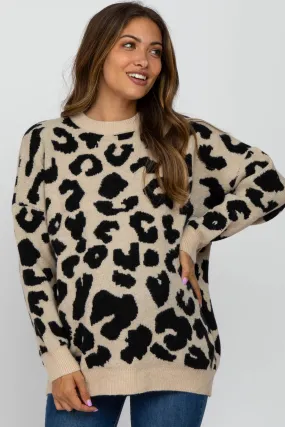 Beige Animal Print Oversized Maternity Sweater