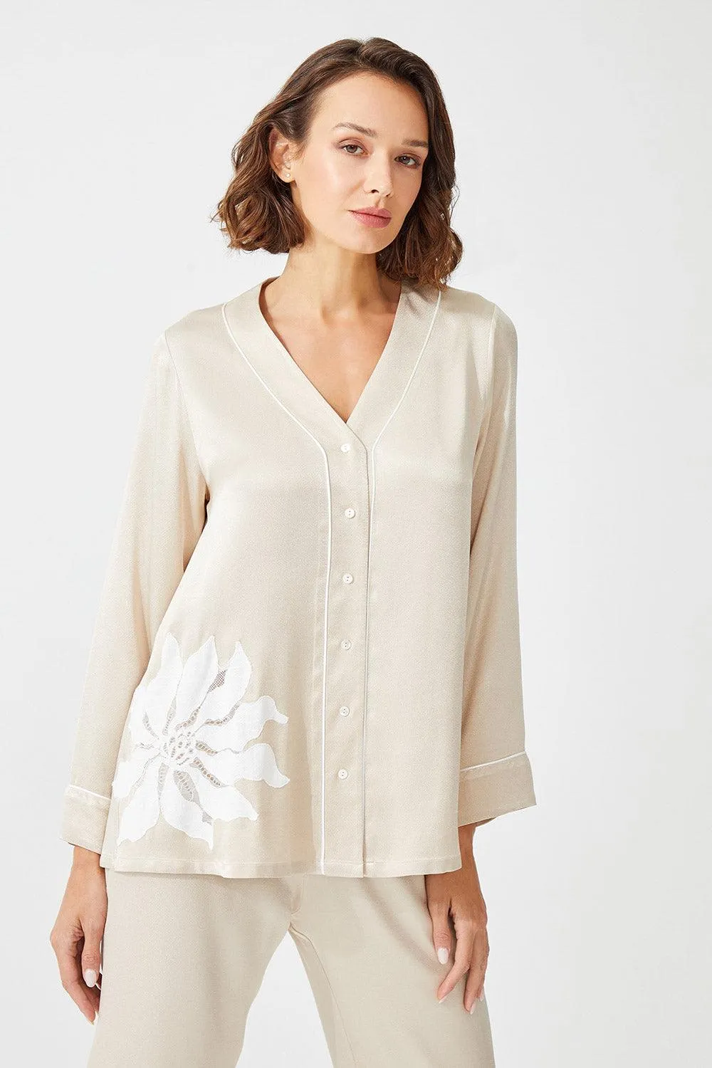 Belladonna - Trimmed Rayon and Buttoned Long Sleeve Pyjama Set - Beige