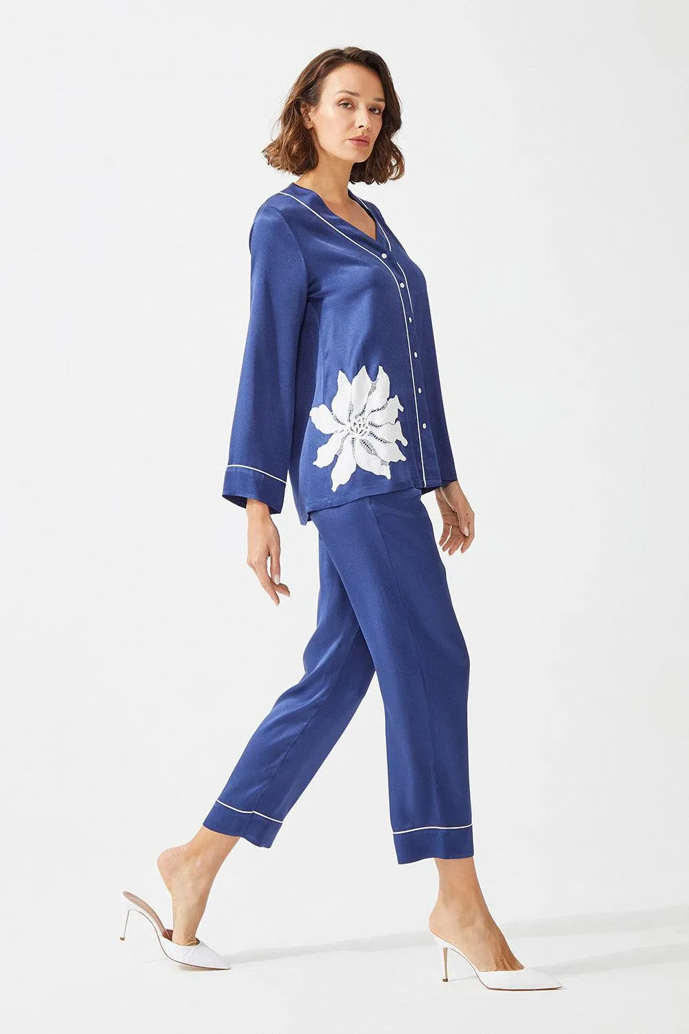 Belladonna - Trimmed Rayon and Buttoned Long Sleeve Pyjama Set - Navy Blue