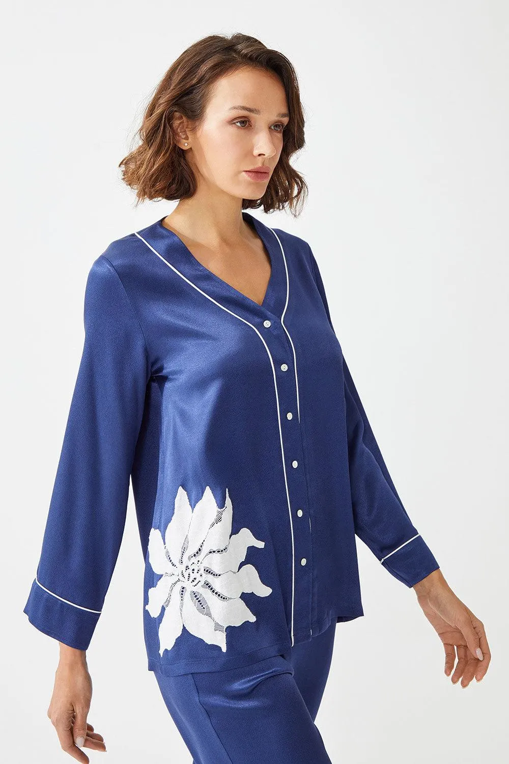 Belladonna - Trimmed Rayon and Buttoned Long Sleeve Pyjama Set - Navy Blue