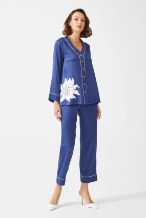 Belladonna - Trimmed Rayon and Buttoned Long Sleeve Pyjama Set - Navy Blue