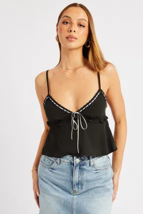 Black Cami Top Ribbon Textured Frill