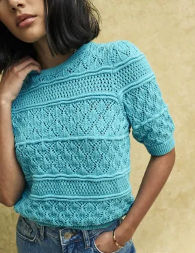 Blue Short Sleeve Mock-Crochet Jumper