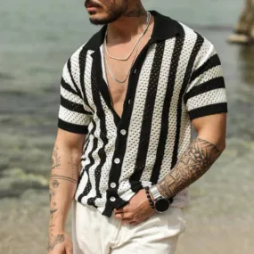 BONSIR  -  Male Collar Button-up Cardigan Social Shirt Men Clothing Hollow Loose T-shirts 2yk Top Fashion Striped Stitch Polos Shirts