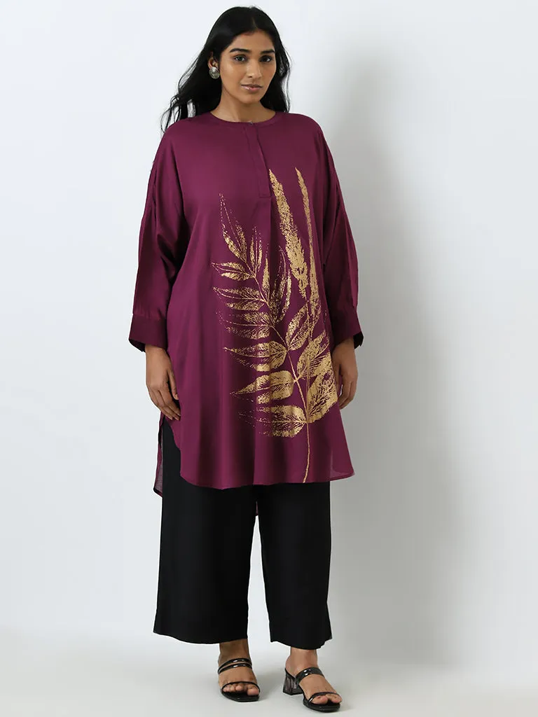 Diza Purple Leaf Design High-Low Kurta