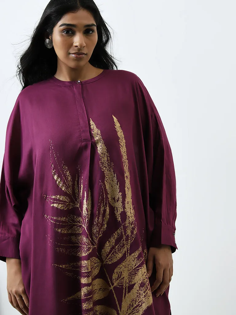 Diza Purple Leaf Design High-Low Kurta