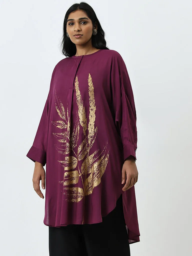 Diza Purple Leaf Design High-Low Kurta