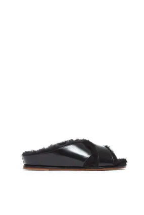 Ellington Fur Flat Slide in Black Leather