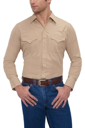 Ely Cattleman Men's Khaki Long Sleeve Solid Tone on Tone Western Snap Shirt