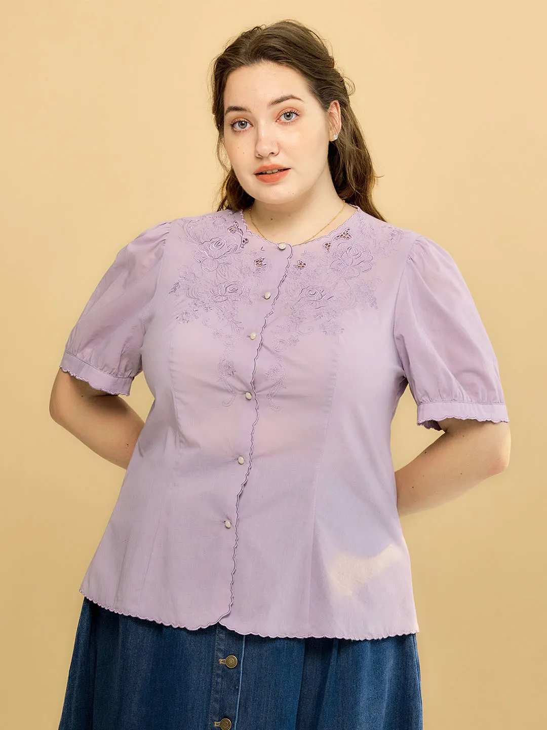 【Final Sale】Plus Size Gracie Round Collar Embroidery Blouse-Taro Purple