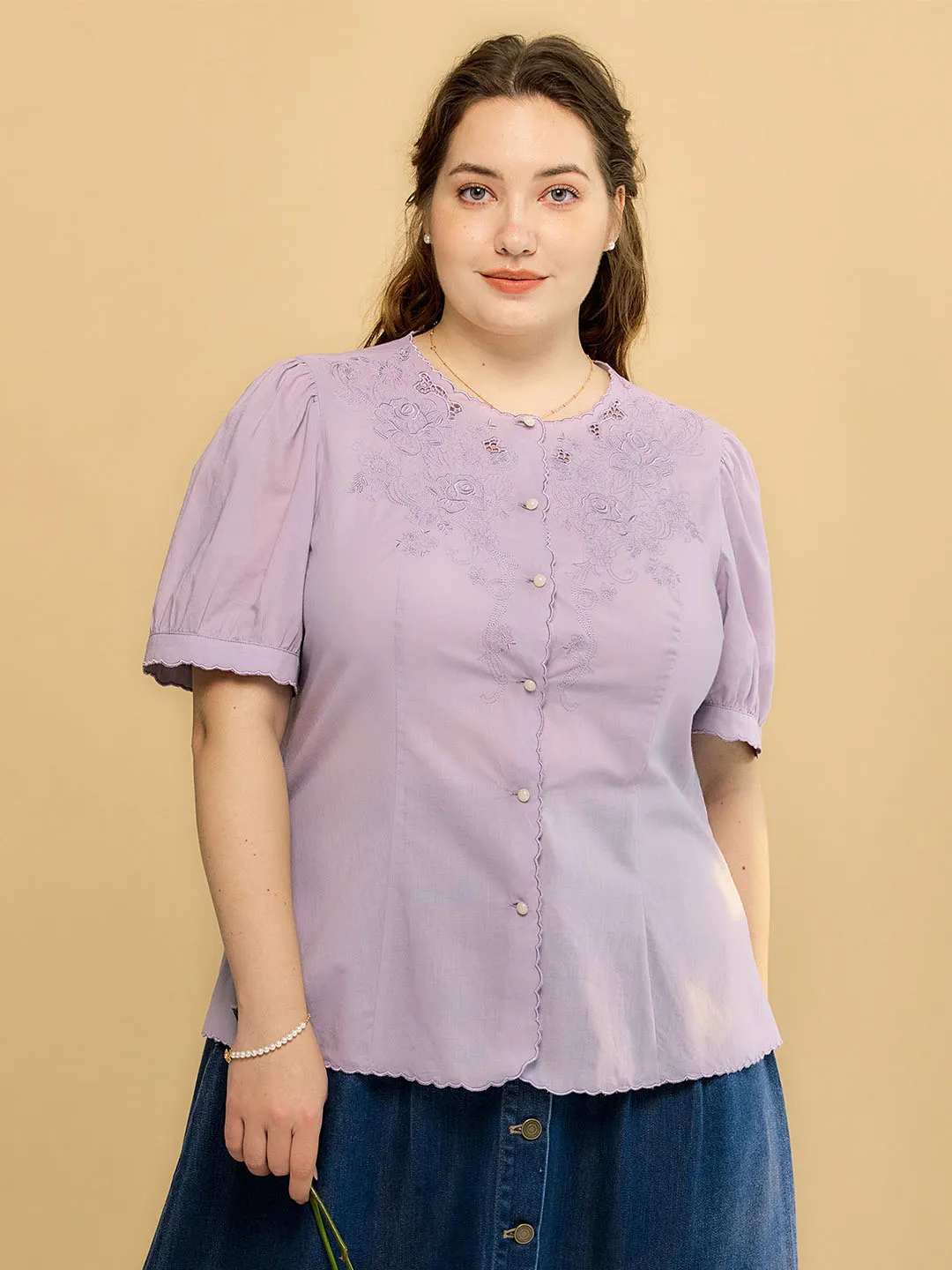 【Final Sale】Plus Size Gracie Round Collar Embroidery Blouse-Taro Purple