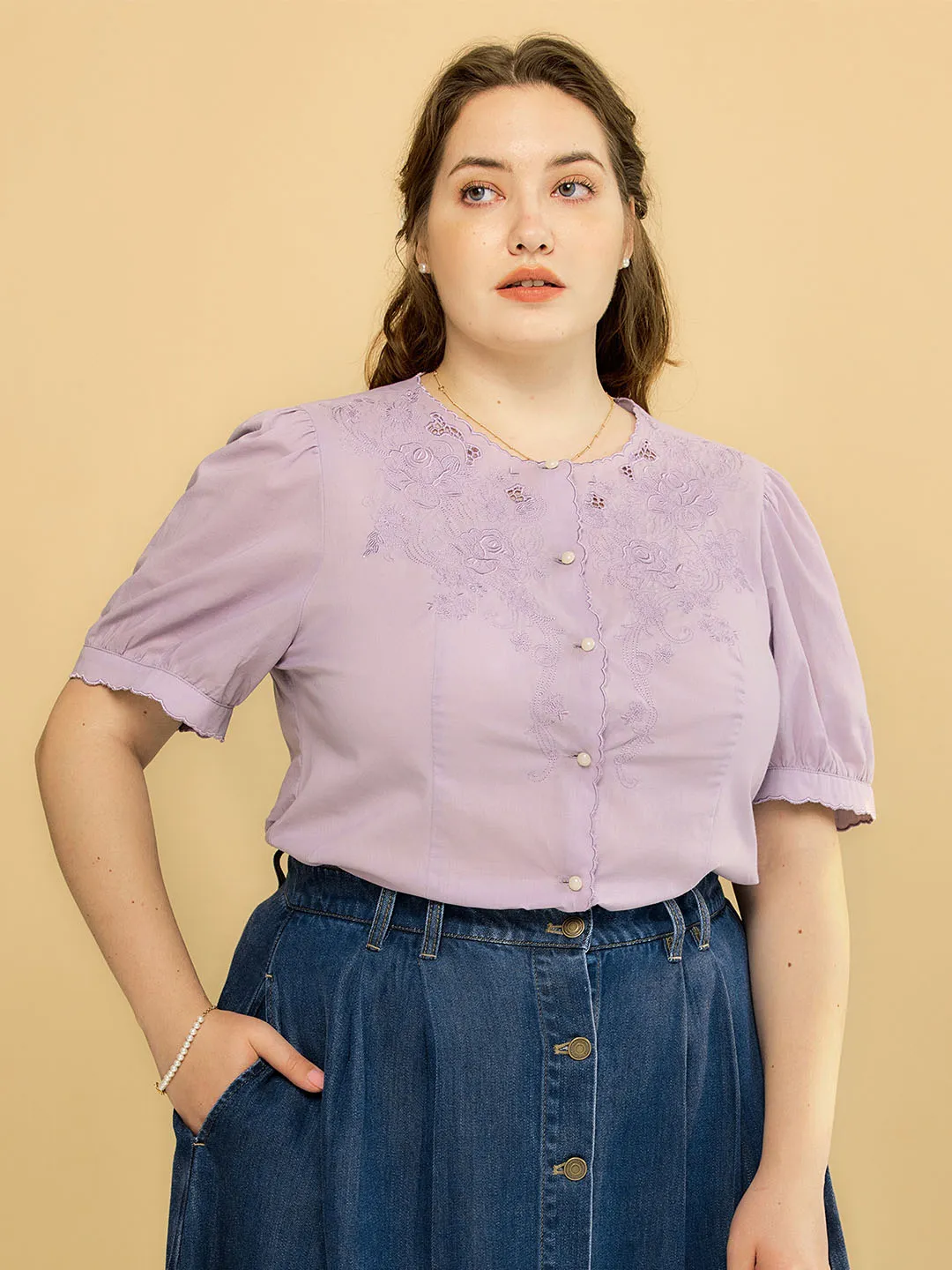 【Final Sale】Plus Size Gracie Round Collar Embroidery Blouse-Taro Purple