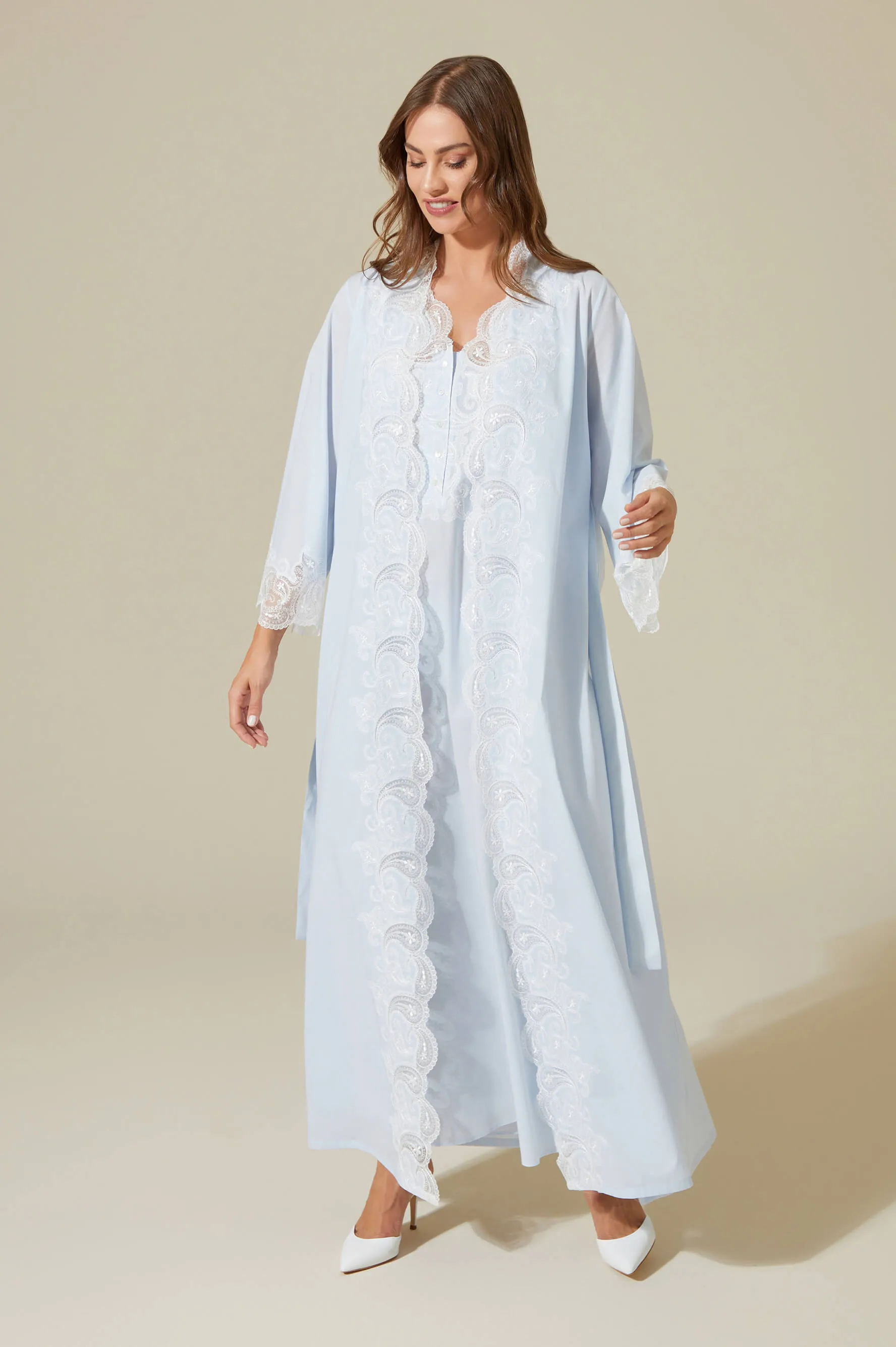 Grace - Trimmed Cotton Voile Long Sleeve Robe Set - Baby Blue