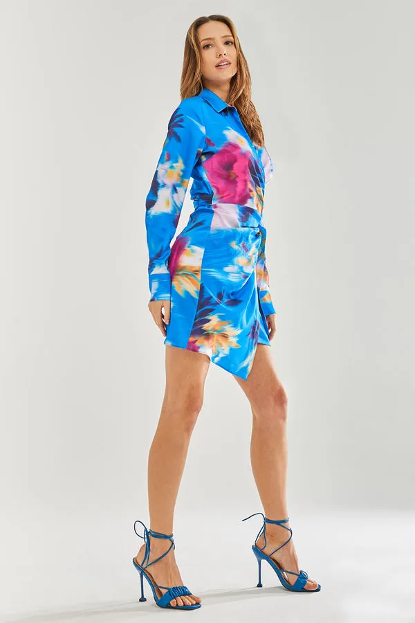 Liquorish Blue Floral Satin Mini Wrap Dress