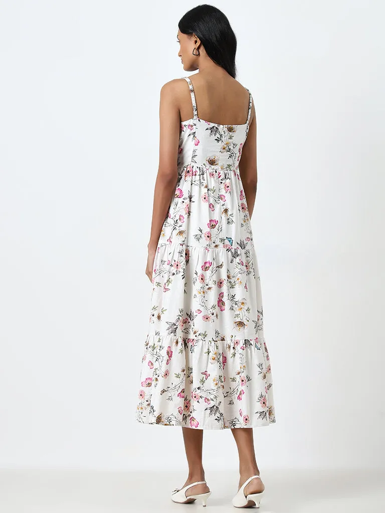 LOV White Floral Printed Linen Blend Tiered Dress