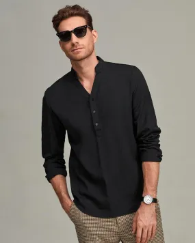 Men Solid Casual Style Half Button Black Shirt