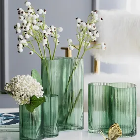 Nordic Modern Style Vertical Pattern Transparent Green Glass Flower Vases