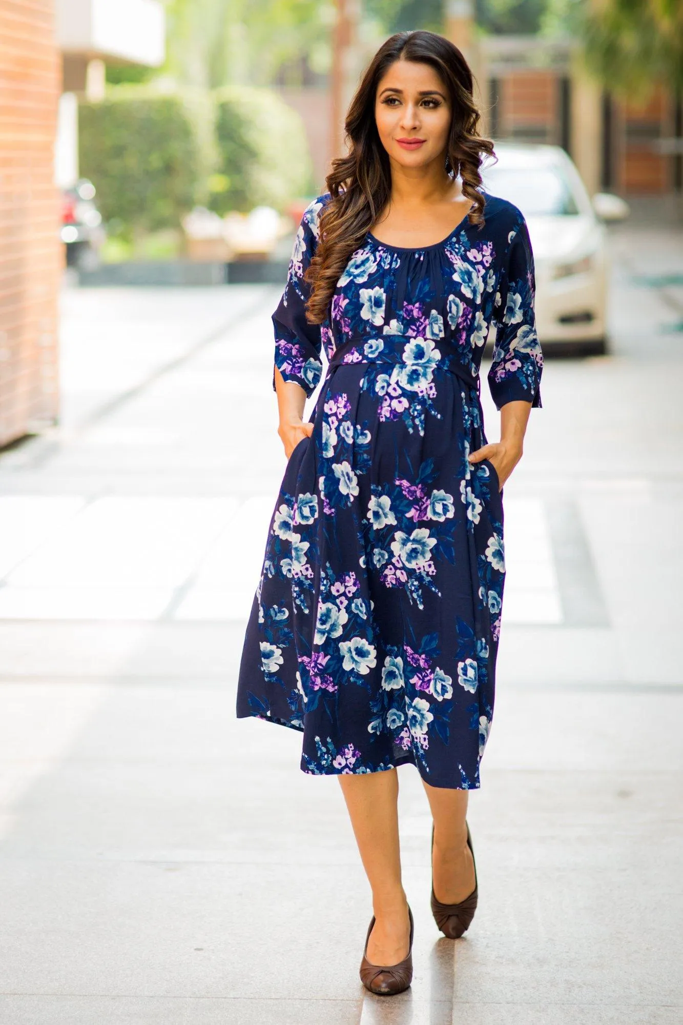 Ocean Blue Floral Print Pocket Versatile Maternity Dress