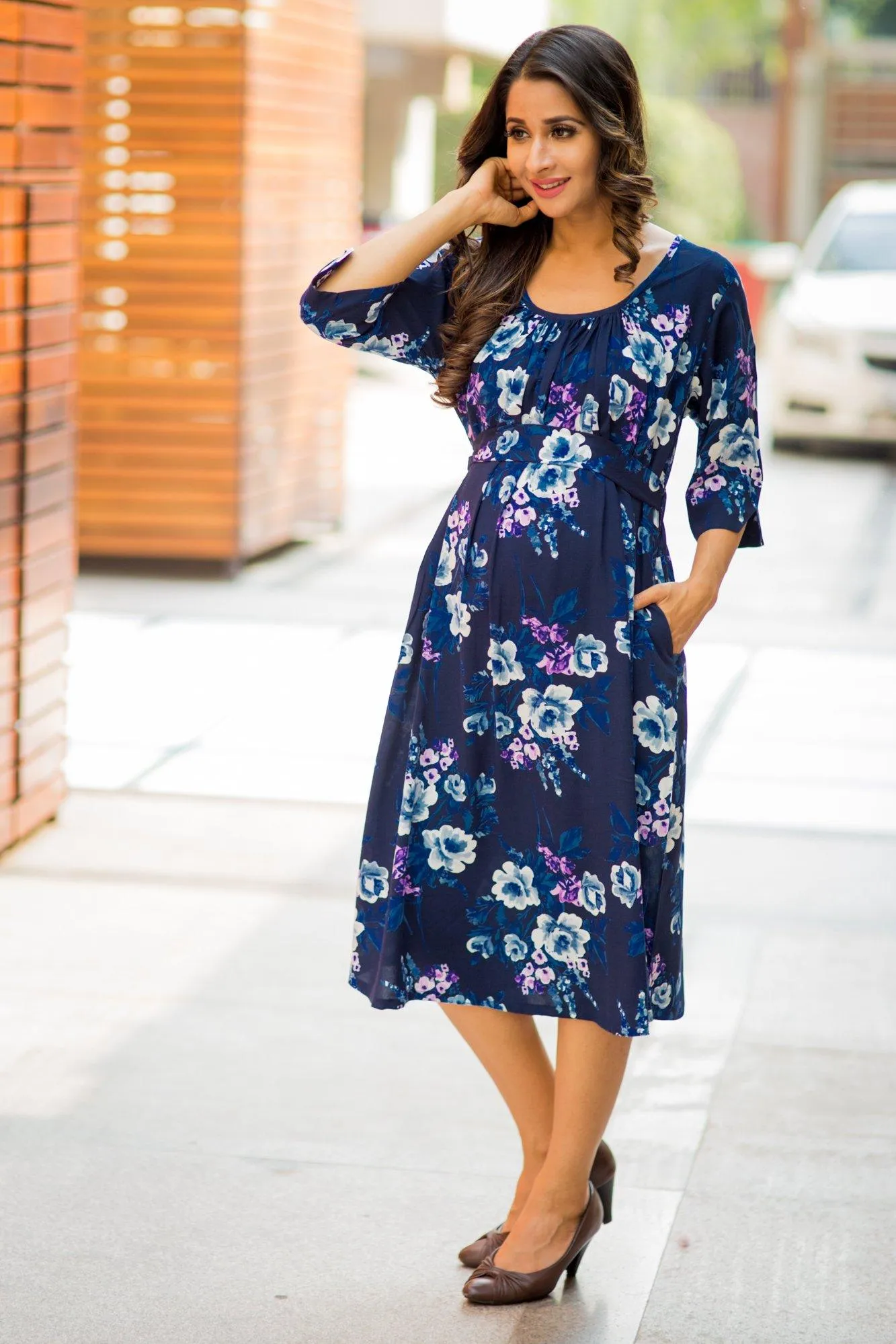 Ocean Blue Floral Print Pocket Versatile Maternity Dress