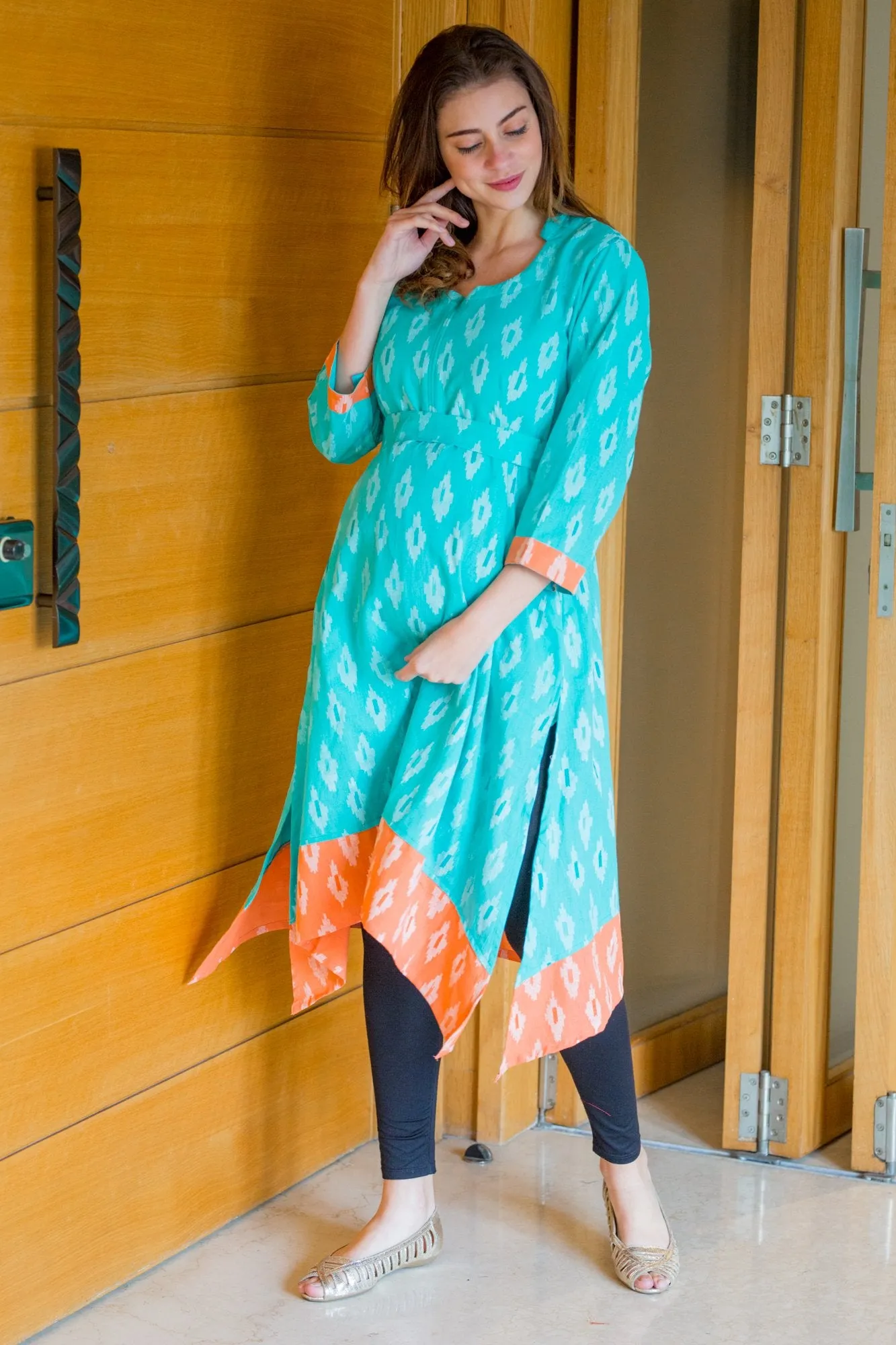 Peachy Mint Front Zip Ikat Nursing Kurta