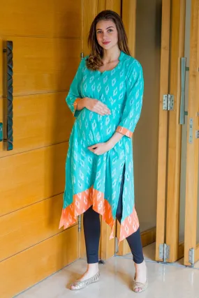 Peachy Mint Front Zip Ikat Nursing Kurta