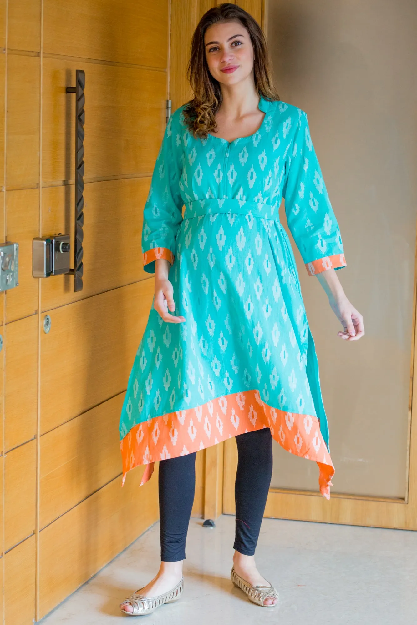 Peachy Mint Front Zip Ikat Nursing Kurta