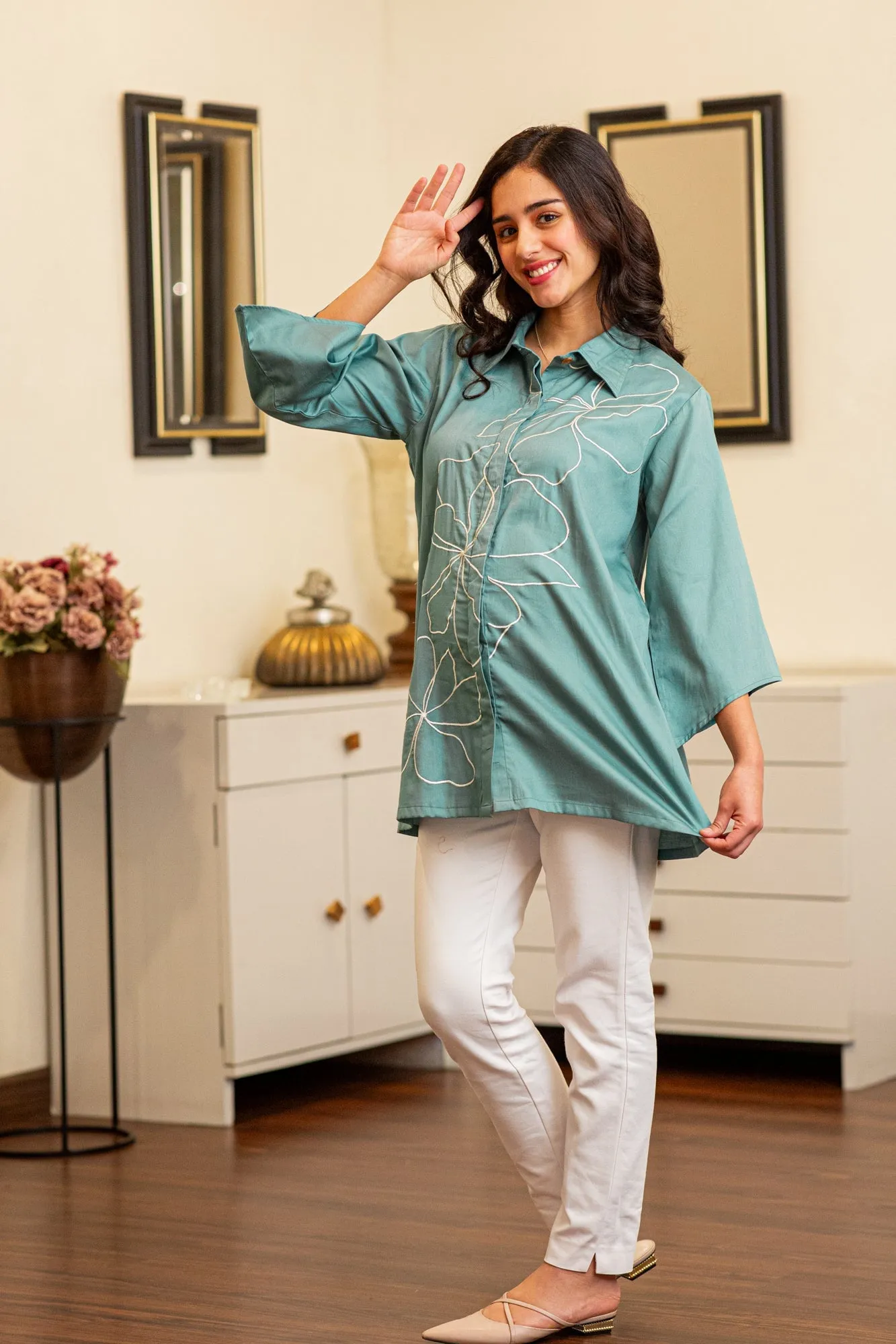 Premium Dusty Cyan Green Embroidered Maternity & Nursing Shirt