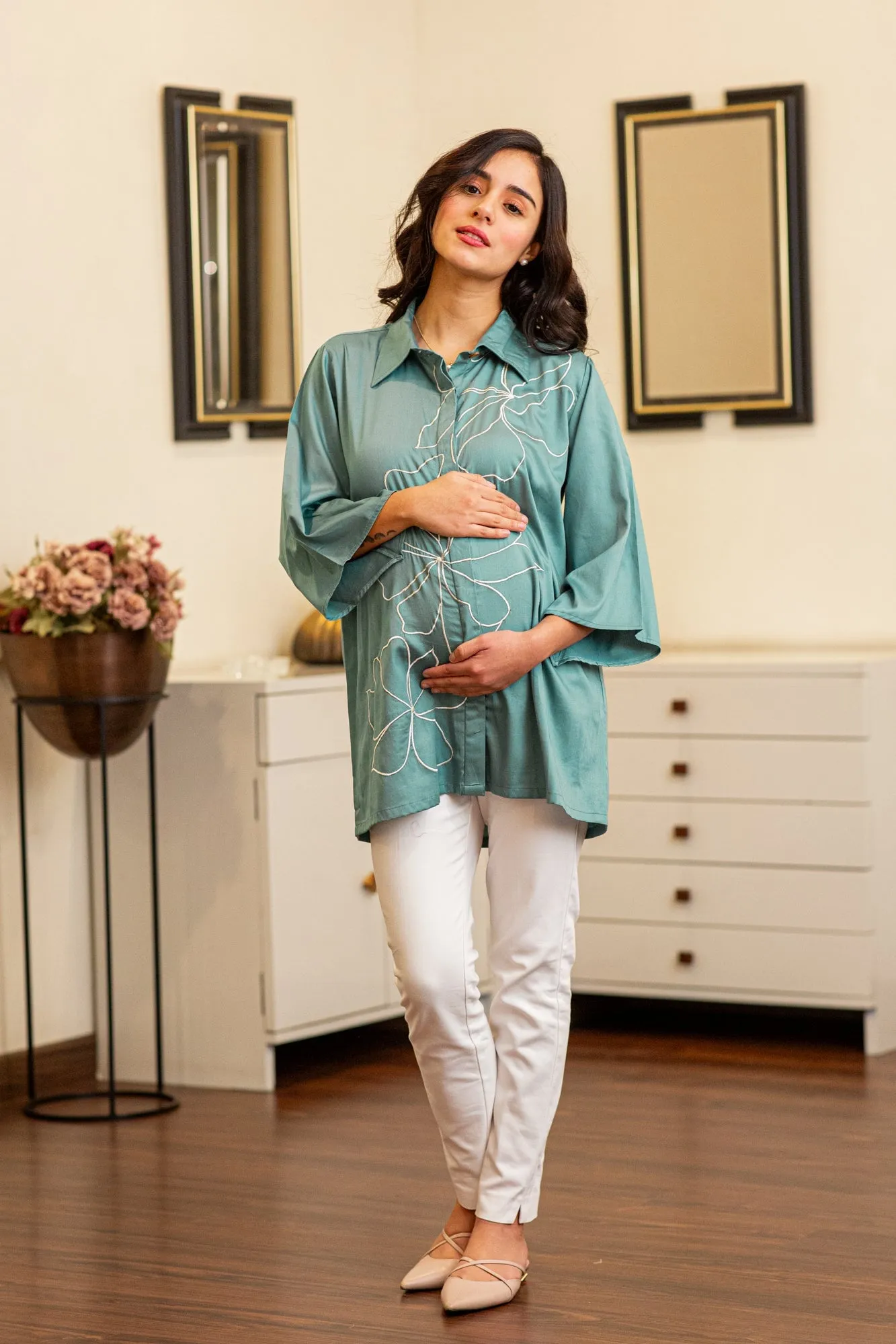 Premium Dusty Cyan Green Embroidered Maternity & Nursing Shirt