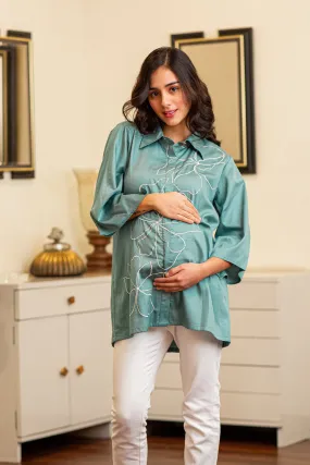 Premium Dusty Cyan Green Embroidered Maternity & Nursing Shirt