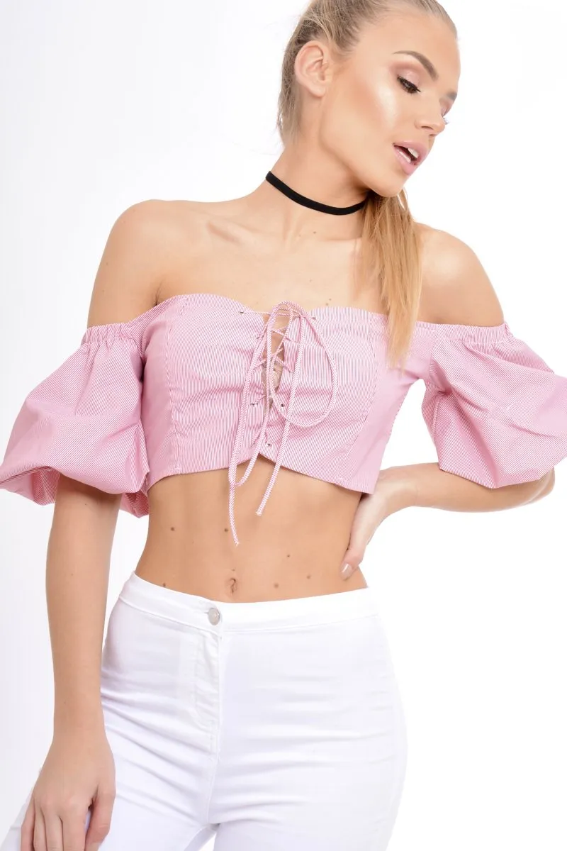 Red Striped Lace Up Bardot Crop Top - Malin