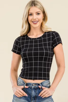 Rib Knit Printed Short Sleeve Tops - Black, White Plaid