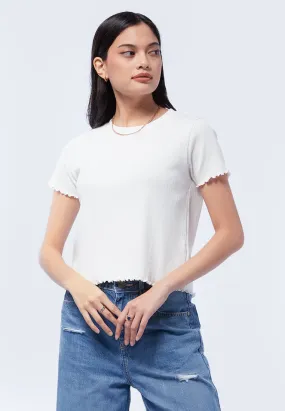 Round Neck Rib T-Shirt with Lettuce Hem