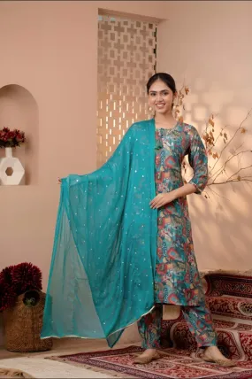 Teal Bliss floral Kurta Set with Dupatta