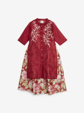 Utsa Kids Red Floral Embroidered A-Line Kurta with Inner - (2 -8yrs)