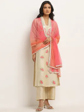 Vark Beige Floral Straight Kurta, Ethnic Pants & Dupatta