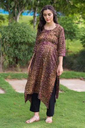 Walnut Gold Embellished Maternity & Nursing Kurta