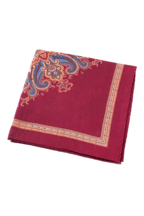 Wine Red & Yellow Medallion Silk Wool Pocket Square