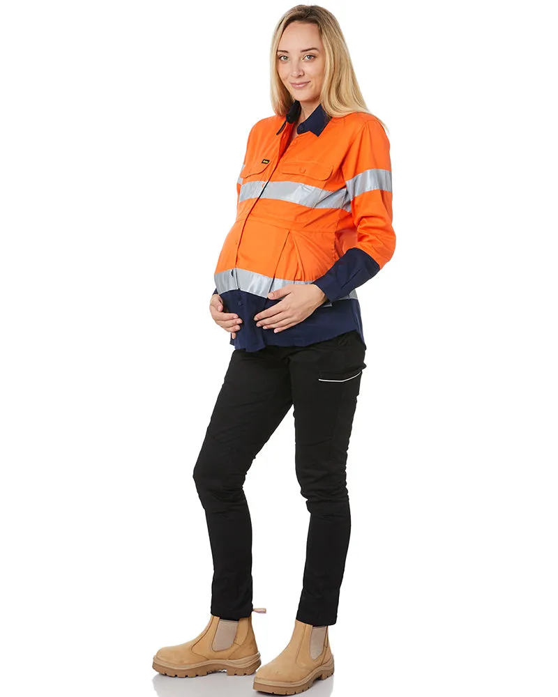 Womens 3M Taped Hi Vis Maternity Drill Shirt * - Orange/Navy