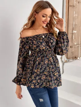 Women's Maternity Flowers Off Shoulder Long Sleeve Top