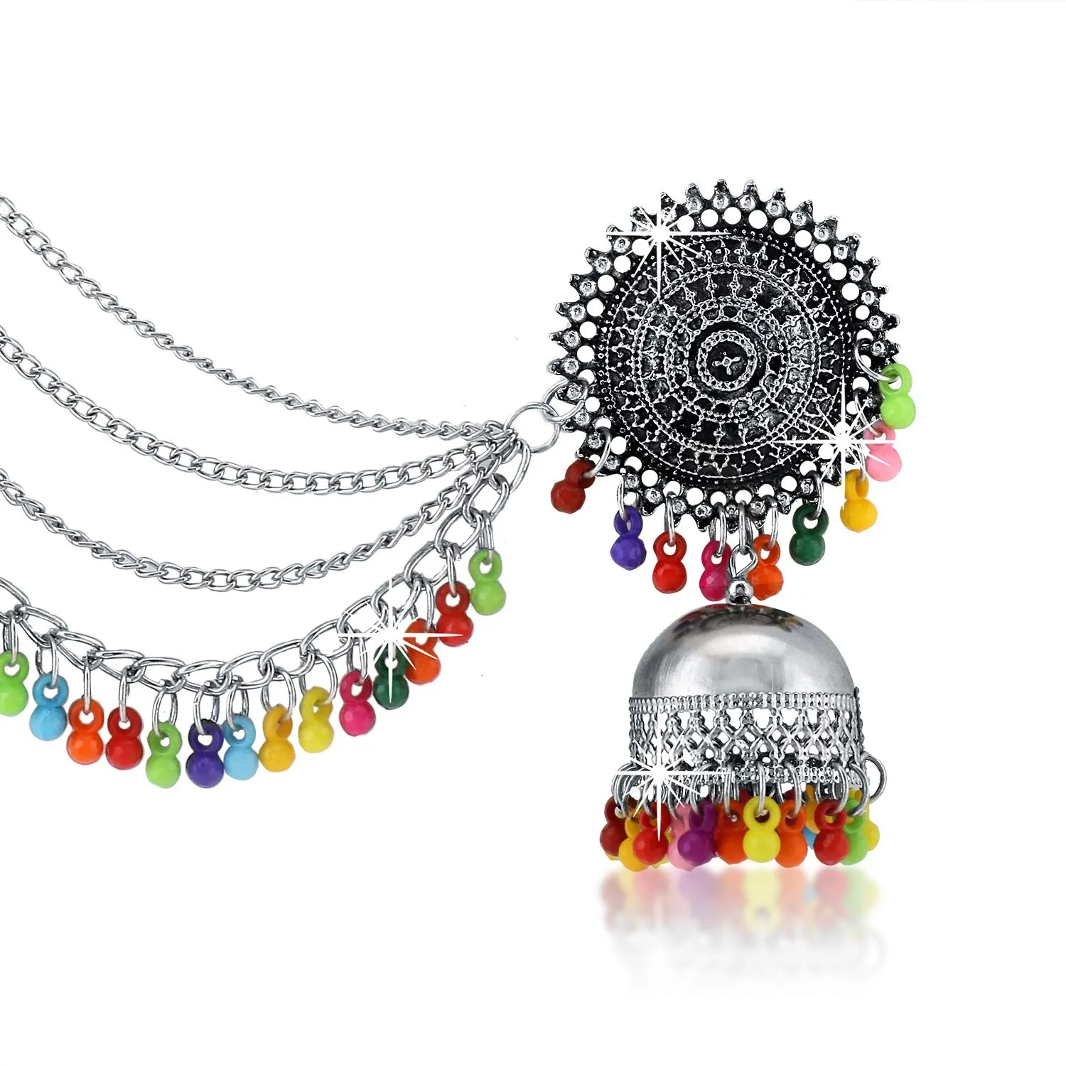 Yellow Chimes German Oxidised Silver Antique Traditional Maang Tikka with Earrings Jewellery Set for Women and Girls (Multicolor)