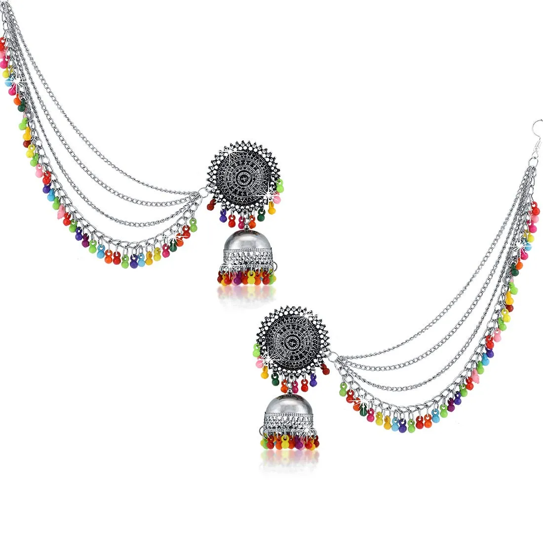 Yellow Chimes German Oxidised Silver Antique Traditional Maang Tikka with Earrings Jewellery Set for Women and Girls (Multicolor)