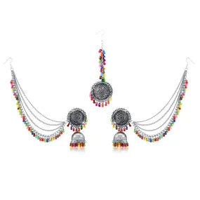 Yellow Chimes German Oxidised Silver Antique Traditional Maang Tikka with Earrings Jewellery Set for Women and Girls (Multicolor)